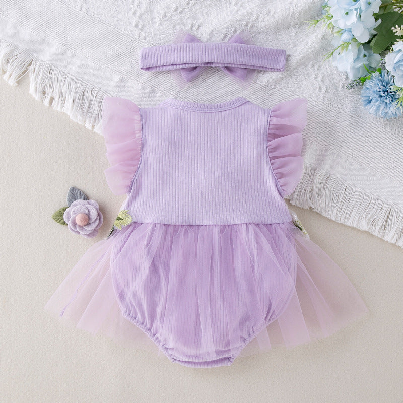 2-teiliges Set aus besticktem Netz-Stramplerkleid und Haarband für Puppen von 45-55cm