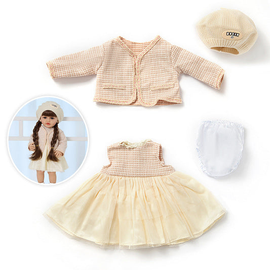 4-teiliges Set bestehend aus kariertem Hut Mantel und Kleid für 55 cm Reborn Puppen
