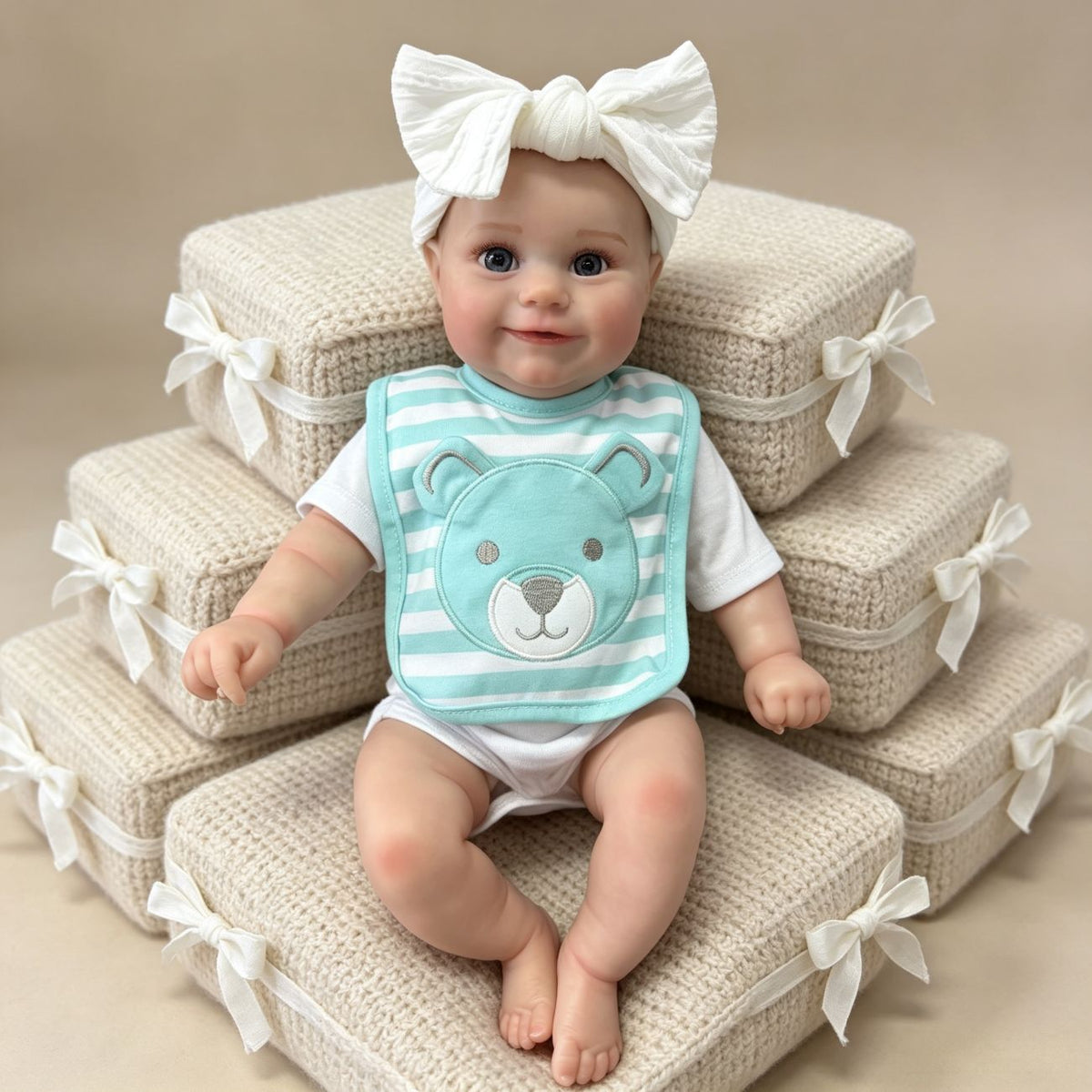 50cm Maddie Reborn Babypuppe mit offenen Augen und blau-gestreiftem Lätzchen
