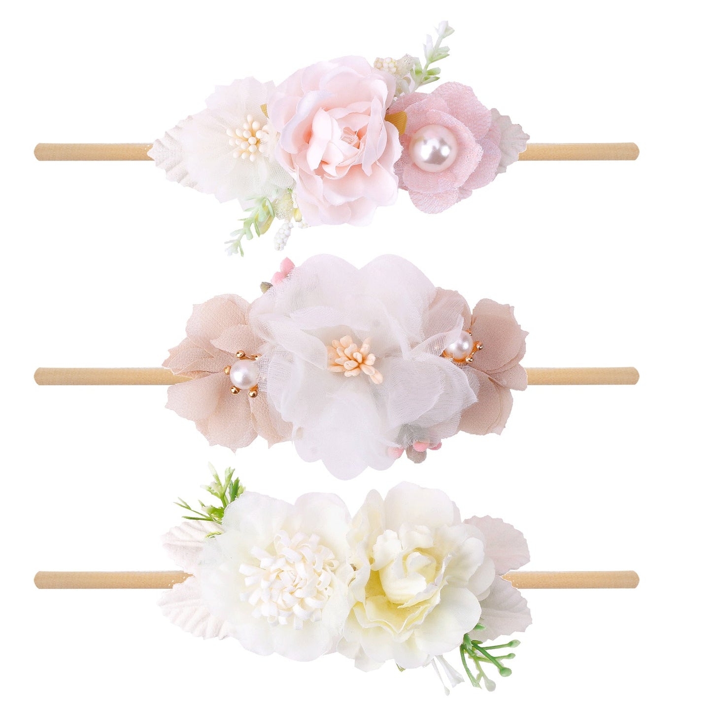 Elastisches Blumen-Baby-Stirnband im frischen Hirtenstil 3-teiliges Set