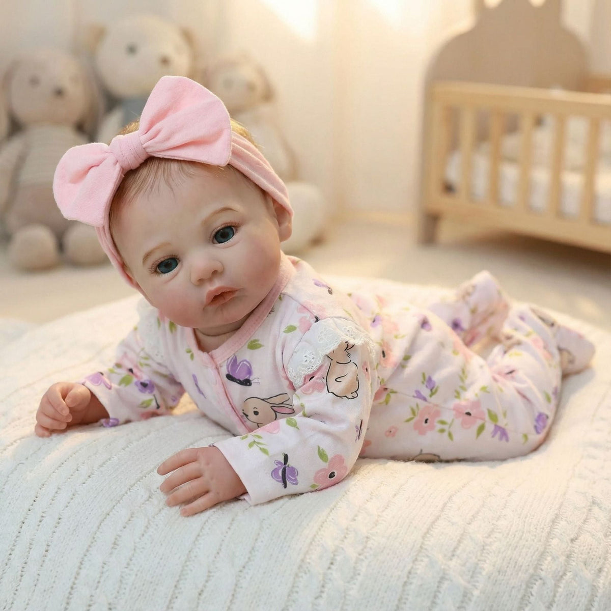 48 cm Reborn Babypuppen mit blauen Augen Modell Meadow Strampler mit Blumenmuster