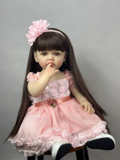 22 Zoll langes braunes Haar Reborn Puppe Mädchen im rosa Kleid-Betty