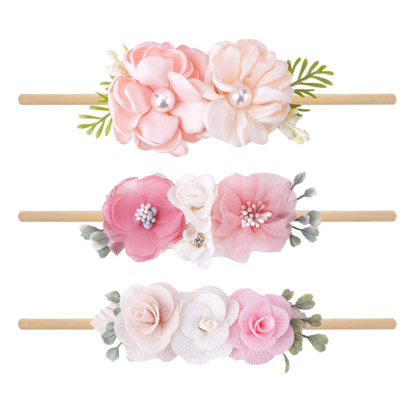Elastisches Blumen-Baby-Stirnband im frischen Hirtenstil 3-teiliges Set