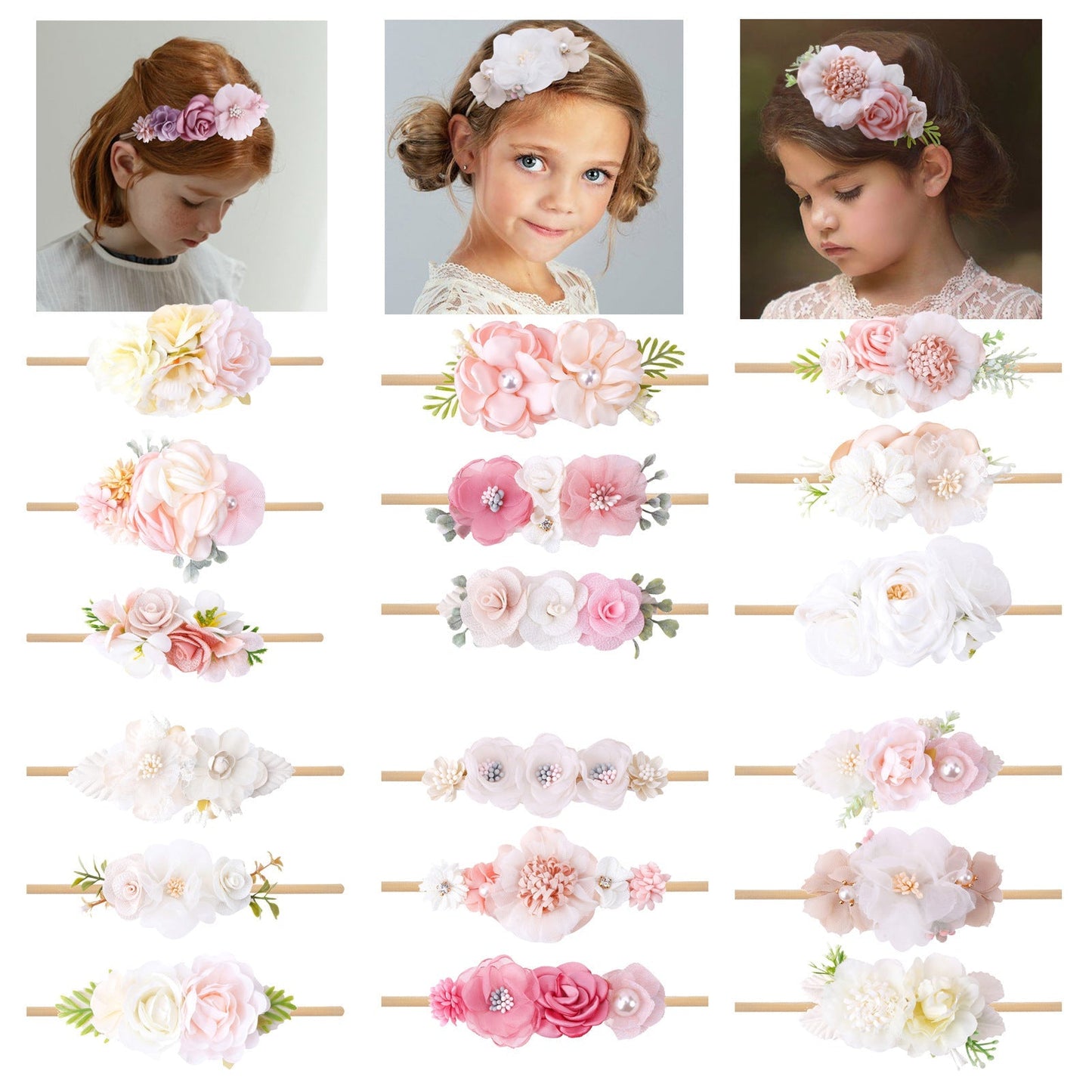 Elastisches Blumen-Baby-Stirnband im frischen Hirtenstil 3-teiliges Set
