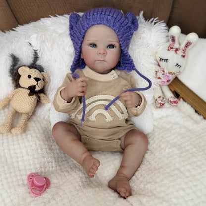 50cm Kelly Blaue Augen Reborn Babypuppe Mädchen in lila Hut-Bettie
