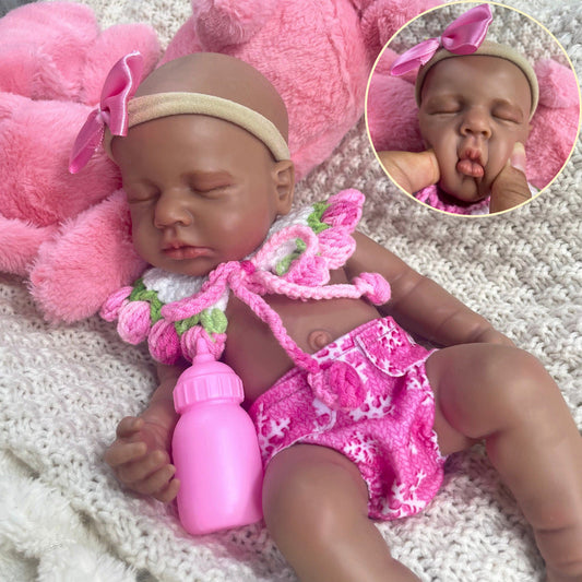 30cm lebensechte Silikon Reborn Puppe Loulou schlafend dunkle Haut Mädchen in rosa Outfits
