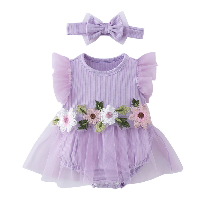 2-teiliges Set aus besticktem Netz-Stramplerkleid und Haarband für Puppen von 45-55cm