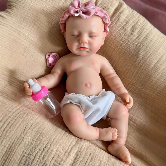 30cm lebensechte Reborn Puppe aus Vollsilikon mit geschlossenen Augen – Mädchen Loulou