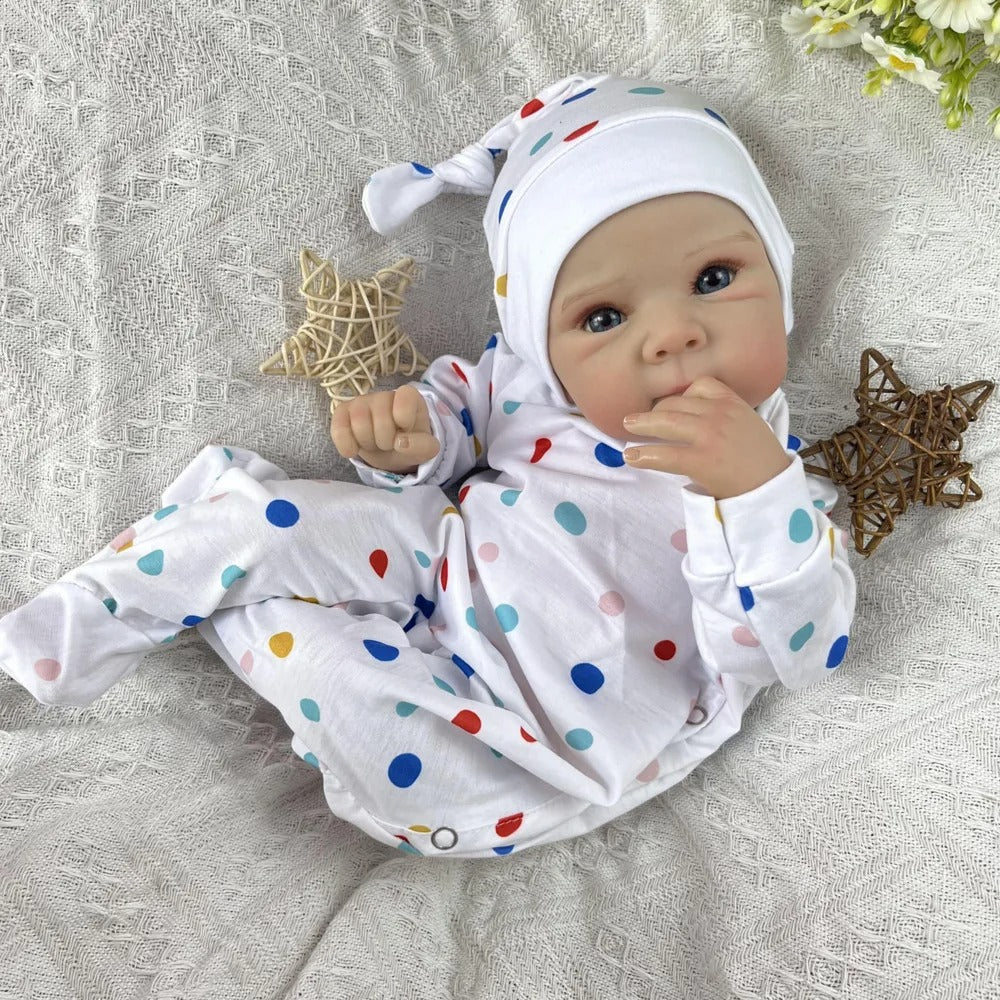 45 cm niedliche Bettie Reborn-Puppe mit offenen Augen Mädchen im gepunkteten Jumpsuit