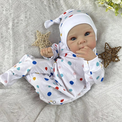 45 cm niedliche Bettie Reborn-Puppe mit offenen Augen Mädchen im gepunkteten Jumpsuit