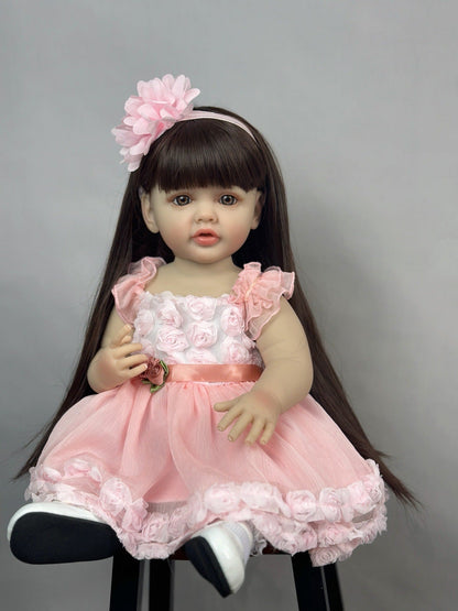22 Zoll langes braunes Haar Reborn Puppe Mädchen im rosa Kleid-Betty
