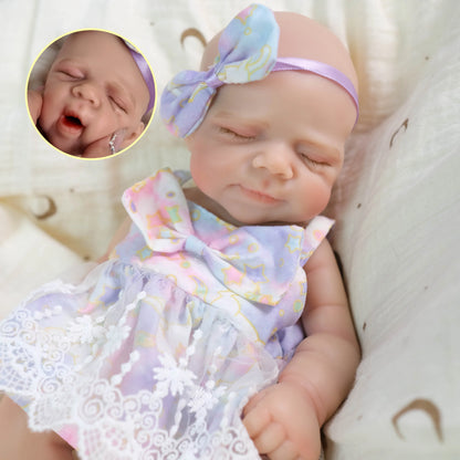 30 cm weiche Vollsilikon-Reborn-Puppe Pascale mit zu öffnendem Mund im Blumenkleid