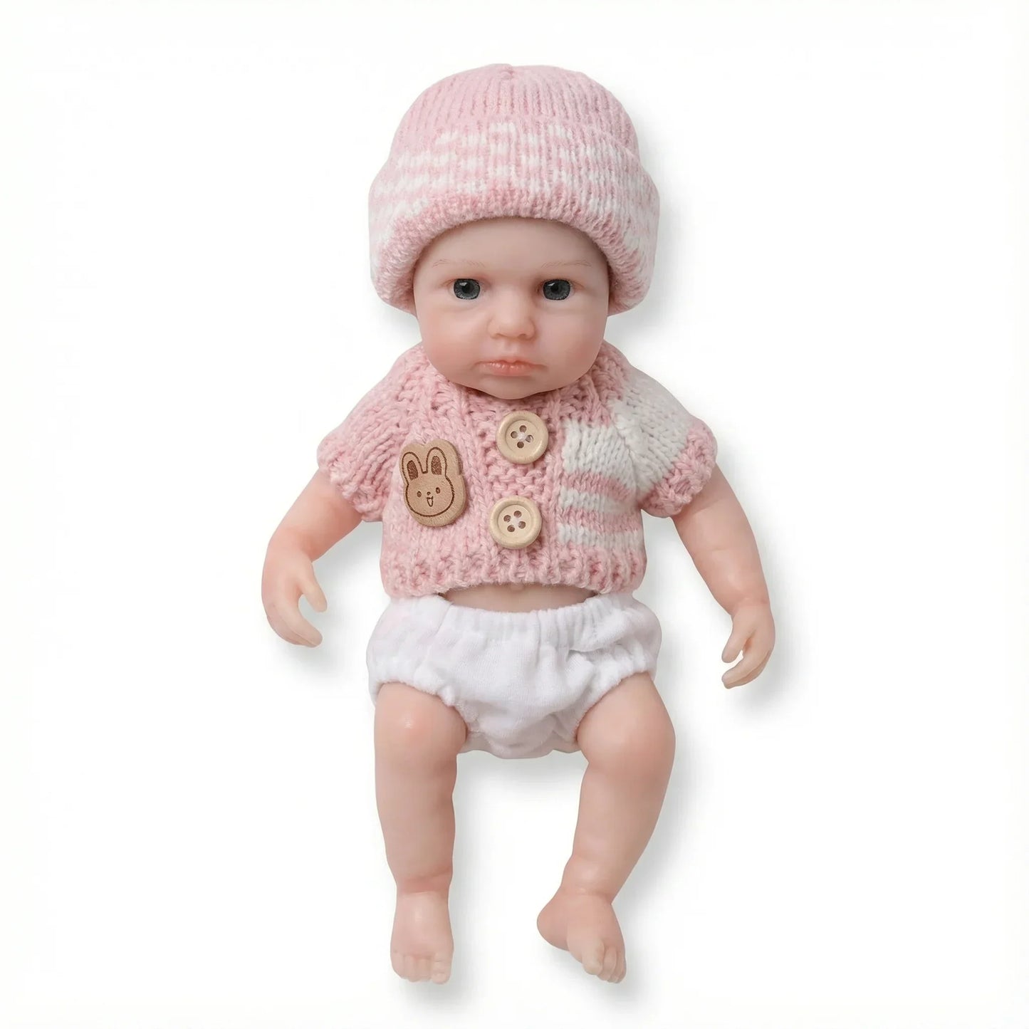 20 cm Loulou Reborn-Babypuppe aus Vollsilikon mit offenen Augen im rosa Pullover