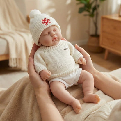 30 cm Reborn-Puppe Pickle aus Vollsilikon mit geschlossenen Augen im weißen Pullover