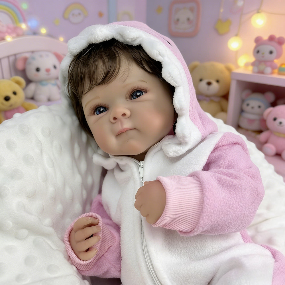 45cm lebensechtes Bettie Reborn Babypuppe Mädchen mit kurzem Haar im rosa Strampler