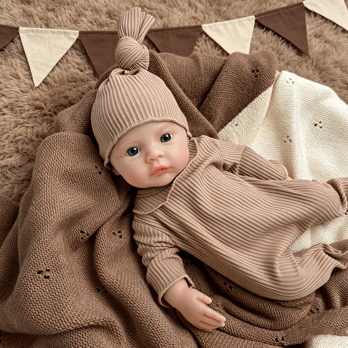 30 cm vollständig aus Silikon gefertigtes Meadow Reborn-Baby im braunen Jumpsuit
