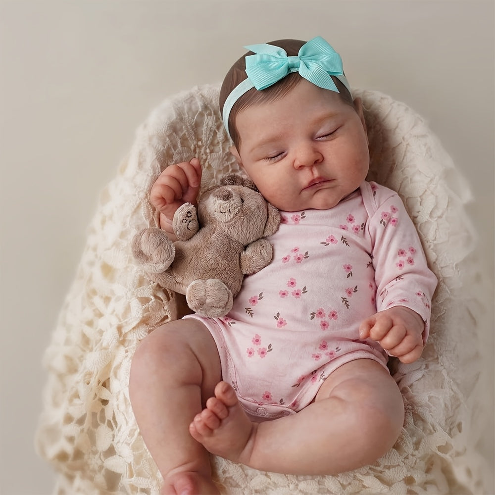 20 Zoll 3D-Haut-Reborn-Baby-Mädchen mit geschlossenen Augen in rosa geblümter Kleidung – Peaches