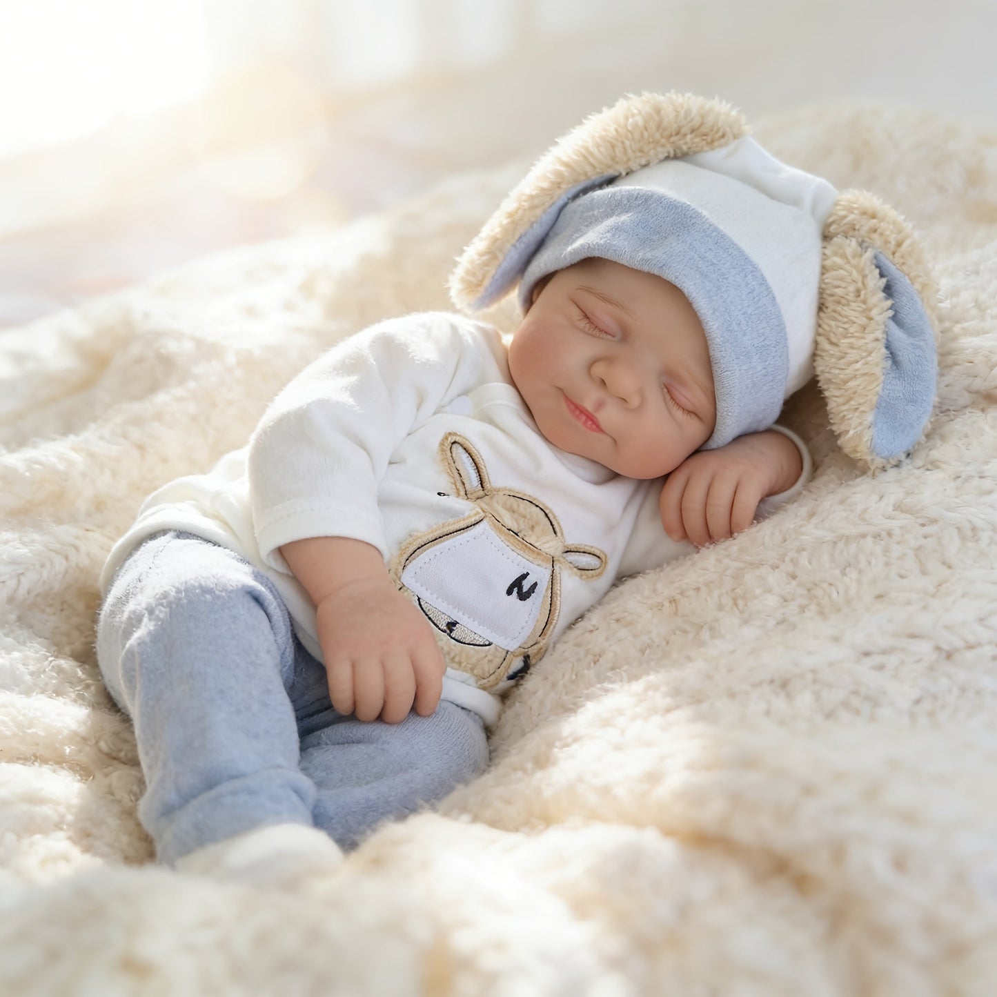48 cm lebensechte handbemalte Reborn-Babypuppe Pascale mit geschlossenen Augen.