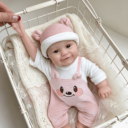 30 cm vollständig aus Silikon gefertigte Reborn-Babypuppe Maddie lächeln im rosa Bärenoutfit