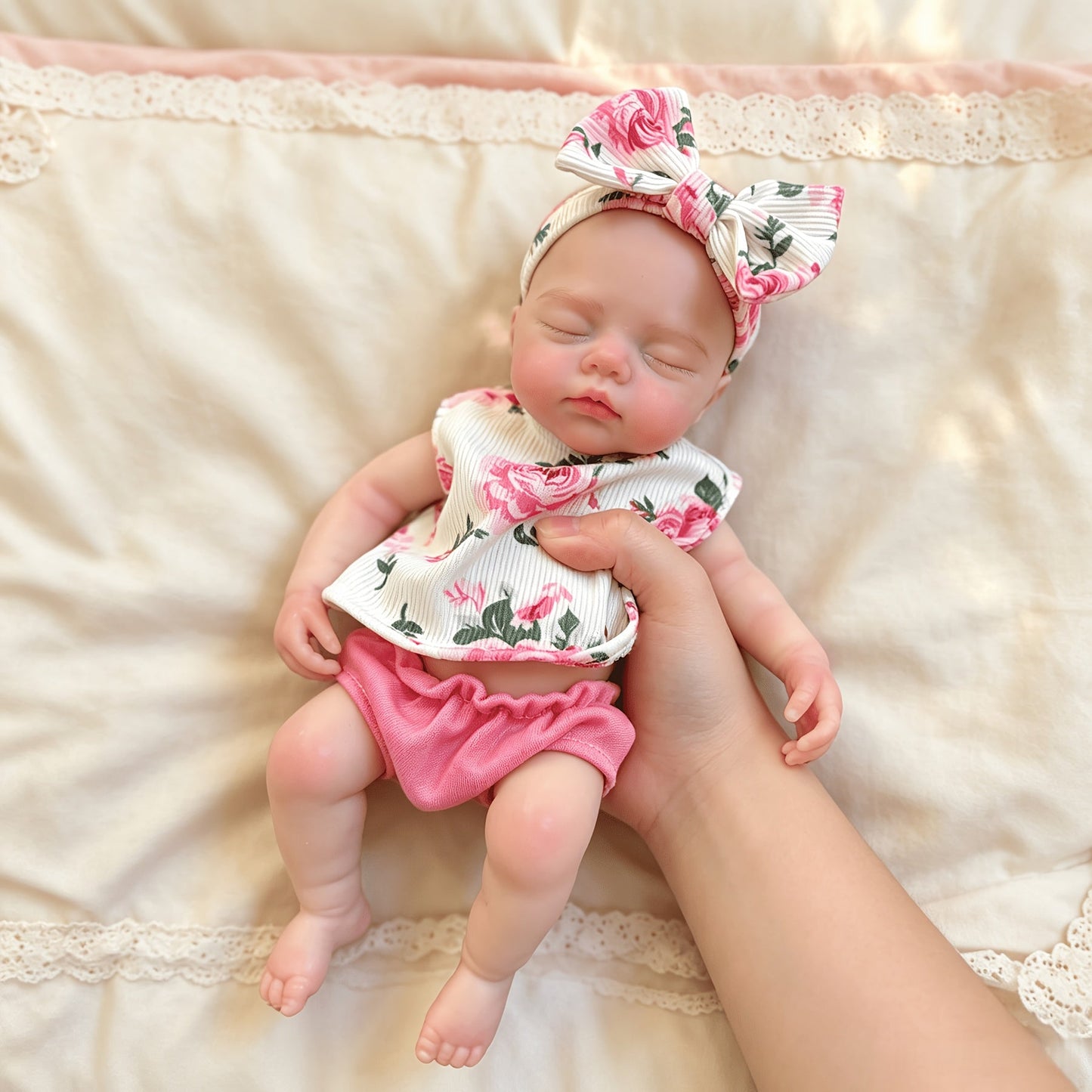 30cm dehnbare Triplets Reborn Puppen aus Vollsilikon mit geschlossenen Augen in Blumenoutfits
