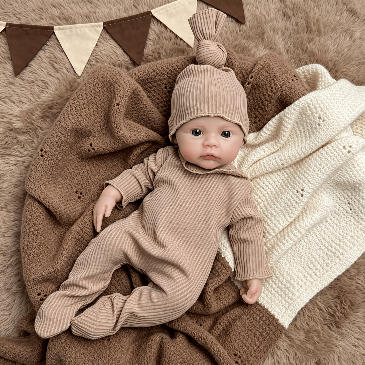 30 cm vollständig aus Silikon gefertigtes Meadow Reborn-Baby im braunen Jumpsuit