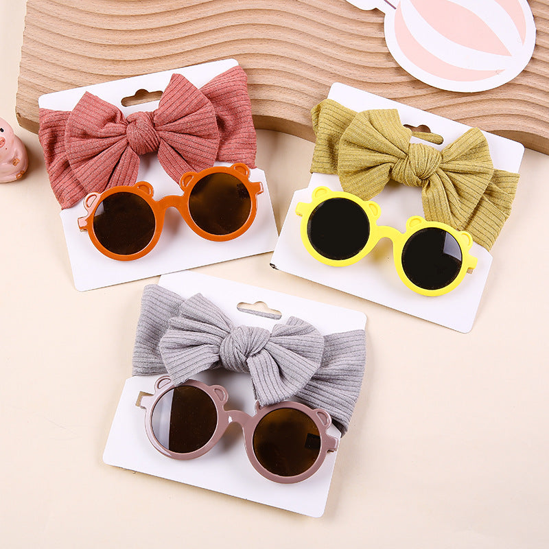 Zweiteiliges Sonnenbrillen-Set mit Strick-Stretch-Streifen und Schleifen-Stirnband
