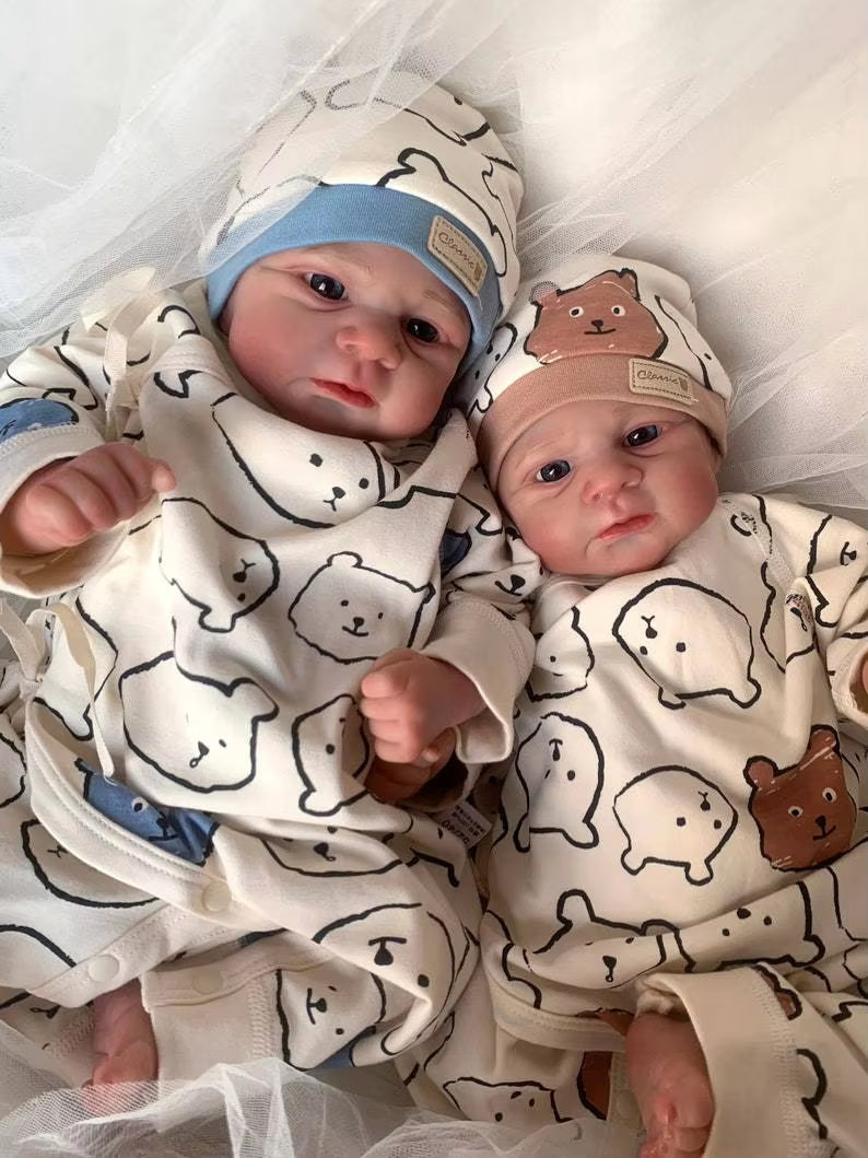 49cm lebensechte Reborn-Puppe mit weichem Körper und blauen Augen Zwillingsschwestern-Elijah