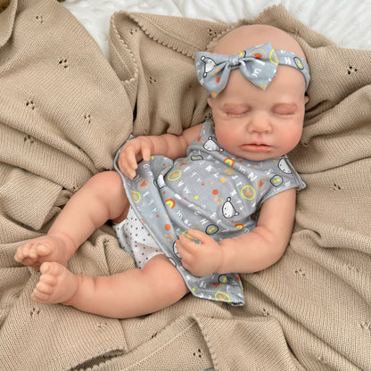 45 cm dehnbare Loulou Reborn Puppe aus Vollsilikon schlafend in grauen Outfits mit Buchstabenmuster