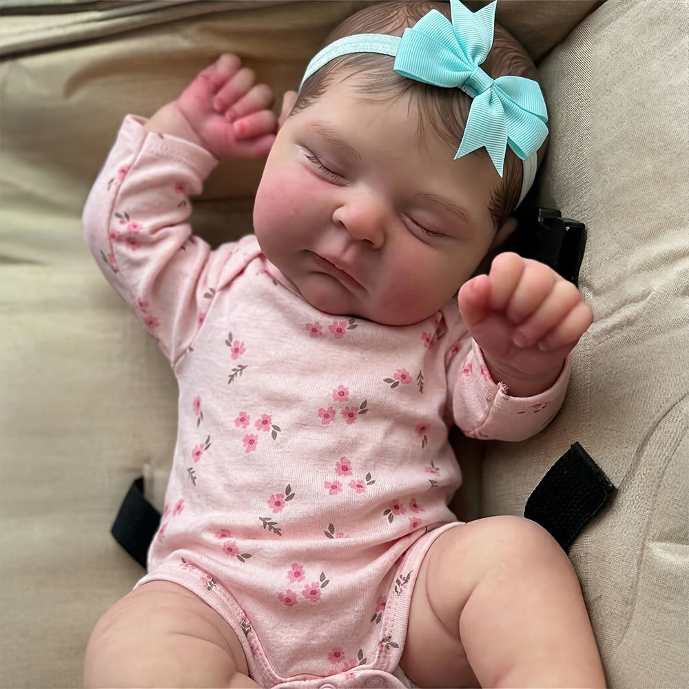 20 Zoll 3D-Haut-Reborn-Baby-Mädchen mit geschlossenen Augen in rosa geblümter Kleidung – Peaches