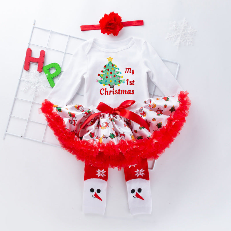 4-teiliges Kleid mit Weihnachtsbaum-Aufdruck für 21/22/23 Zoll Reborn-Puppen