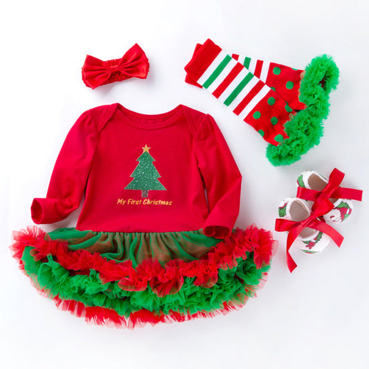 4-teiliges Kleiderset mit Weihnachtsbaum-Print für 21/22/23 Zoll Reborn-Puppen