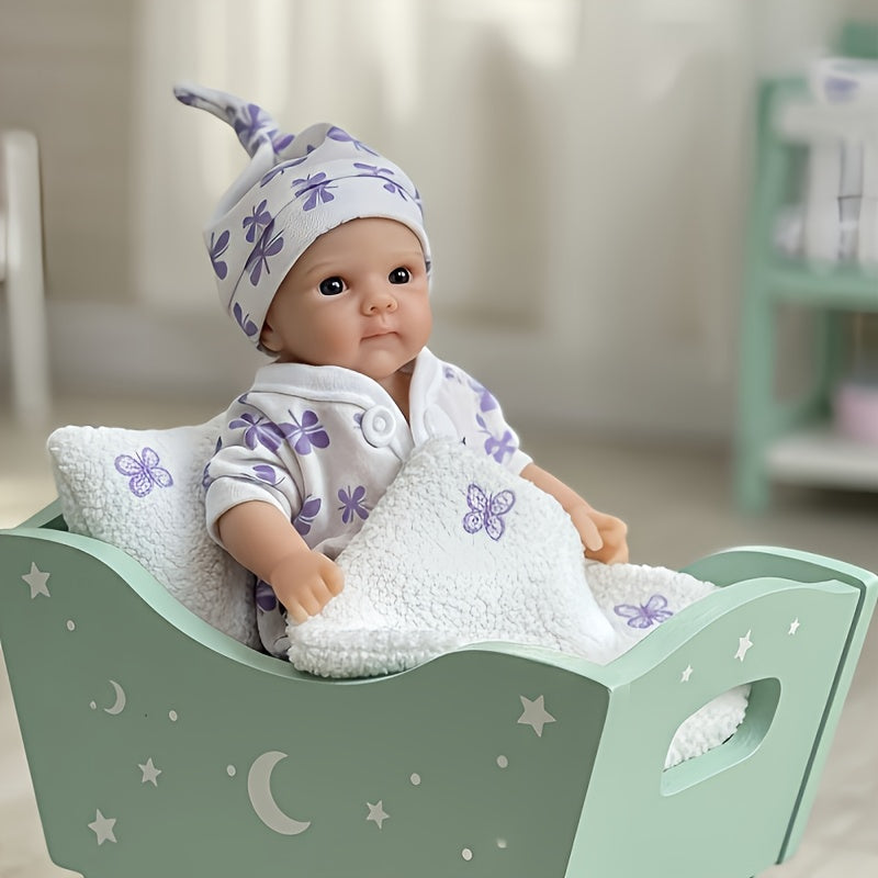 20cm Mini Bettie Reborn Babypuppe aus Silikon mit offenen Augen im lila geblümten Jumpsuit