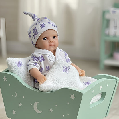 20cm Mini Bettie Reborn Babypuppe aus Silikon mit offenen Augen im lila geblümten Jumpsuit