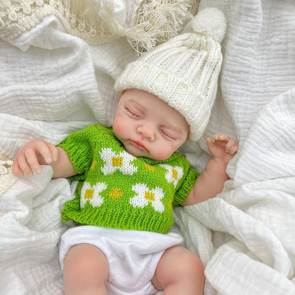 30 cm realistische Irys Reborn Puppe aus Vollsilikon mit geschlossenen Augen im grünen Pullover