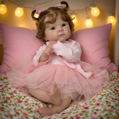48 cm Reborn Puppe Bettie mit offenen Augen und weichem Körper im rosa Kleid