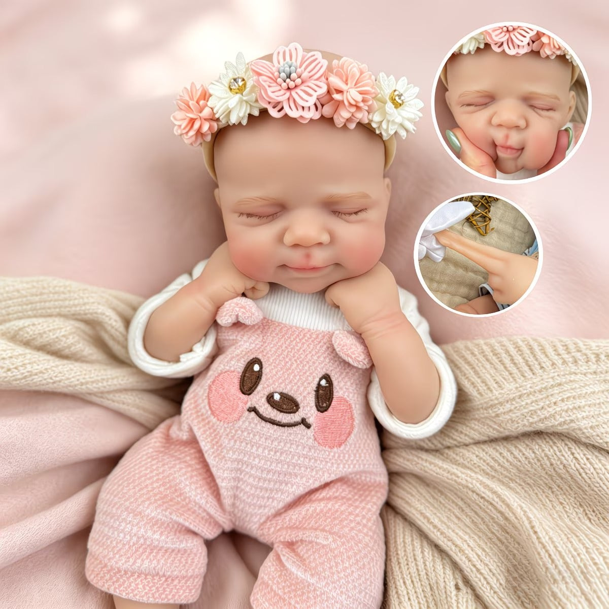 30 cm schlafende Pascale Reborn-Puppe aus Vollsilikon im rosa Bärenoutfit