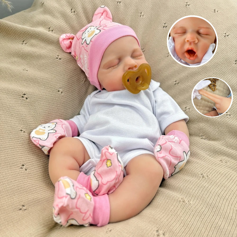 45cm dehnbares Loulou Reborn Baby aus Vollsilikon mit geschlossenen Augen in weißem Outfit