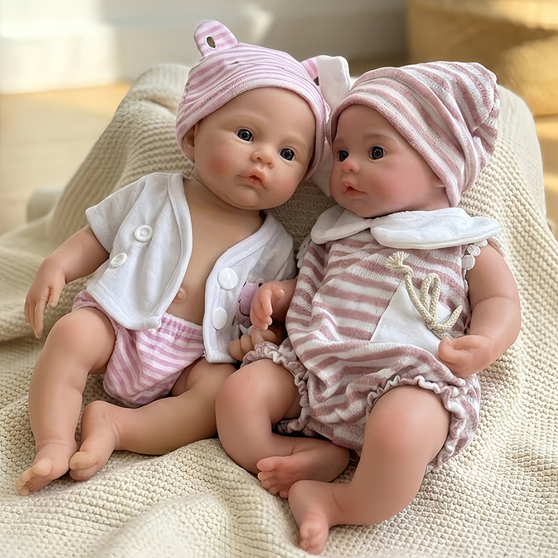 30cm Meadow Reborn Zwillingsschwestern aus weichem Silikon mit offenen Augen in rosa Kleidung