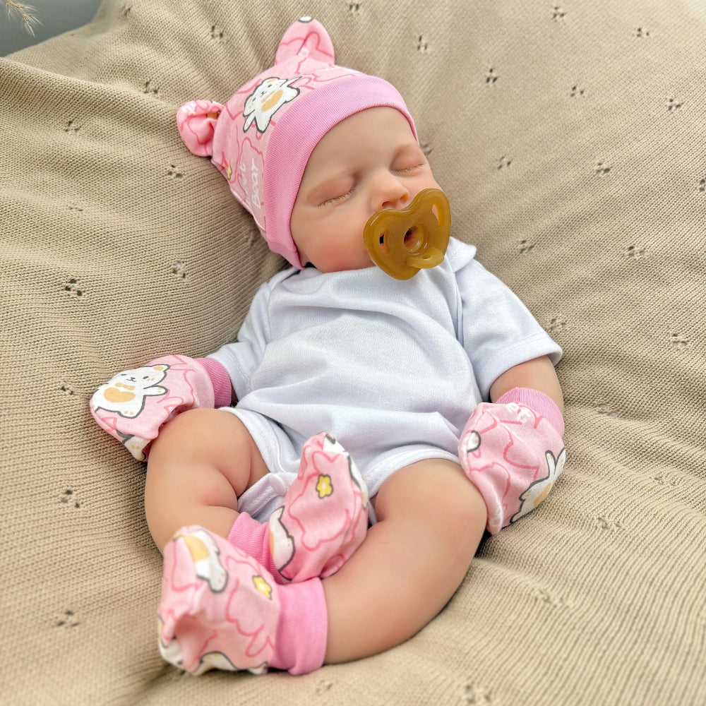 45cm dehnbares Loulou Reborn Baby aus Vollsilikon mit geschlossenen Augen in weißem Outfit