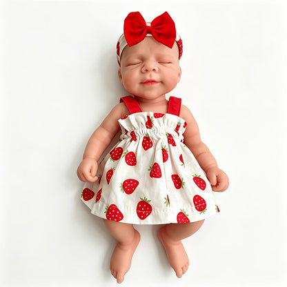 30cm weiches dehnbares Pascale Reborn Baby aus Vollsilikon mit geschlossenen Augen in einem Erdbeerkleid