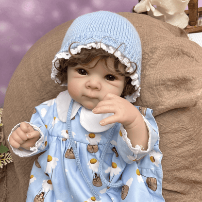 45 cm lebensechte Bettie Reborn-Babypuppe mit kurzem Haar in blauer Kleidung