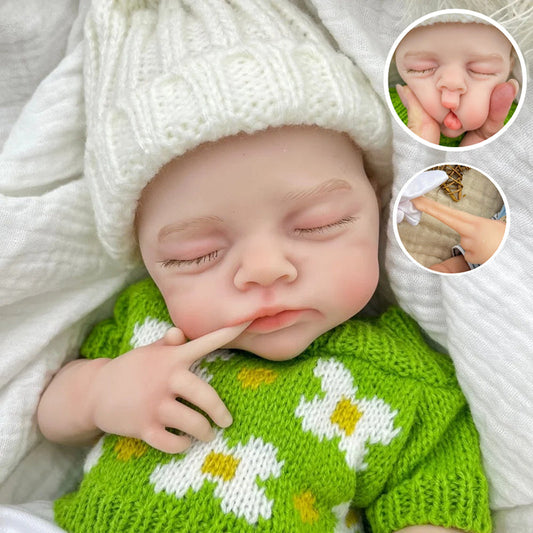 30 cm realistische Irys Reborn Puppe aus Vollsilikon mit geschlossenen Augen im grünen Pullover