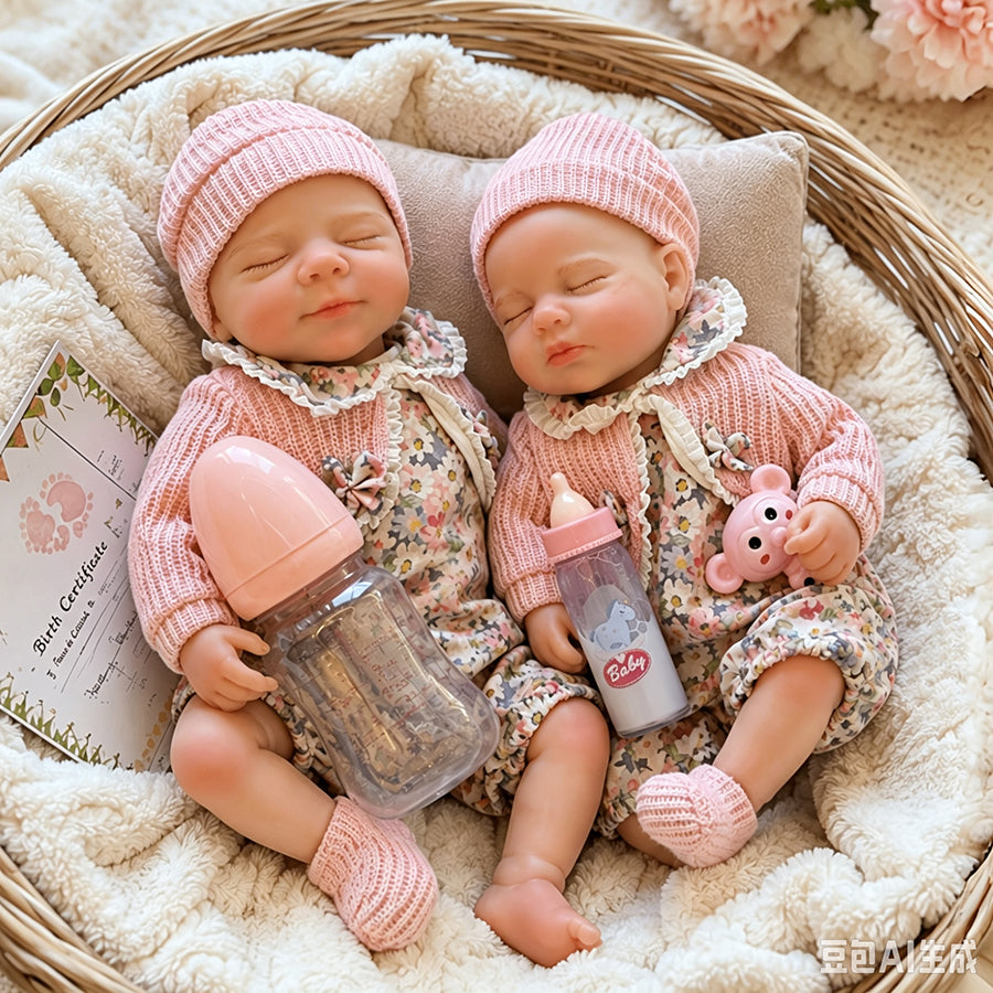 30cm Reborn Zwillingsschwestern Pascale und Loulou aus Vollsilikon mit geschlossenen Augen
