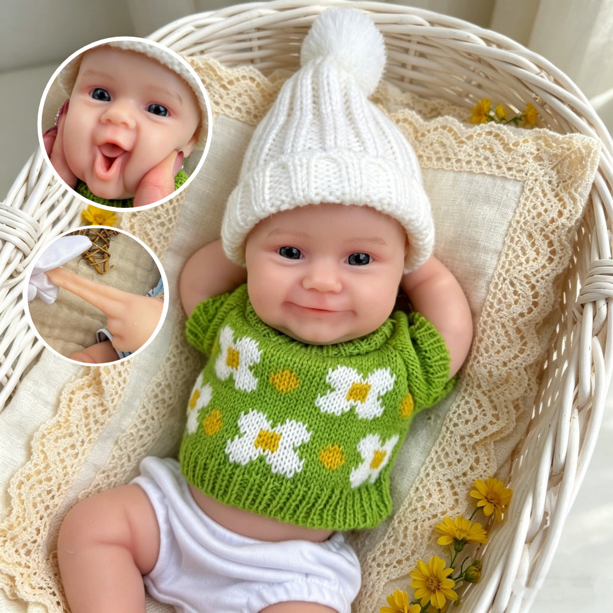 30 cm vollständig aus Silikon gefertigte Reborn Babypuppe Maddie lächeln in grünen Outfits