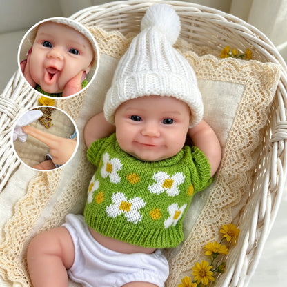 30 cm vollständig aus Silikon gefertigte Reborn Babypuppe Maddie lächeln in grünen Outfits