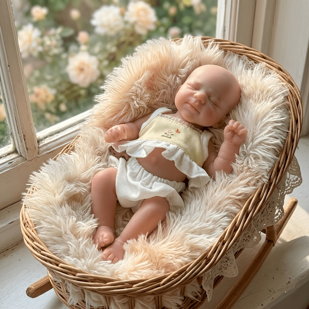 20cm Mini Reborn Baby Pascale aus Silikon mit geschlossenen Augen in gelbem Outfit