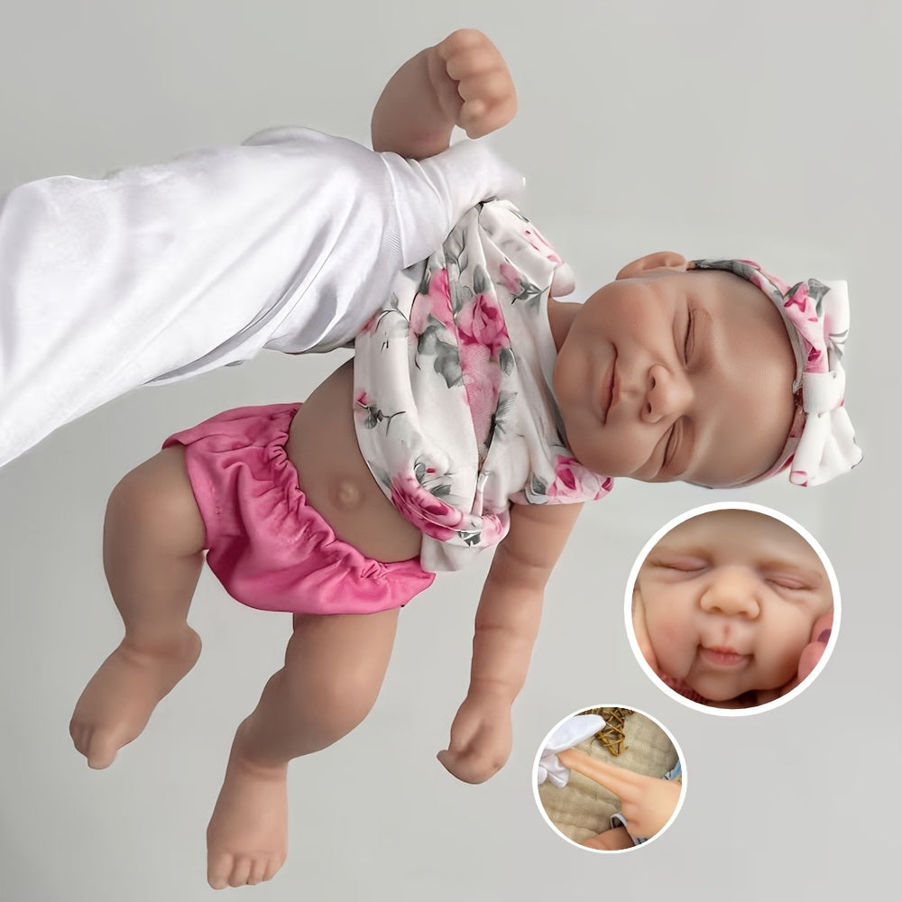 30 cm niedliche Pascale Reborn Puppe aus Vollsilikon in rosa geblümtem Outfit