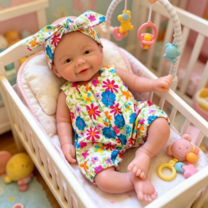 20cm Mini Reborn Baby Vivienne (Mädchen) aus Vollsilikon im geblümten Jumpsuit