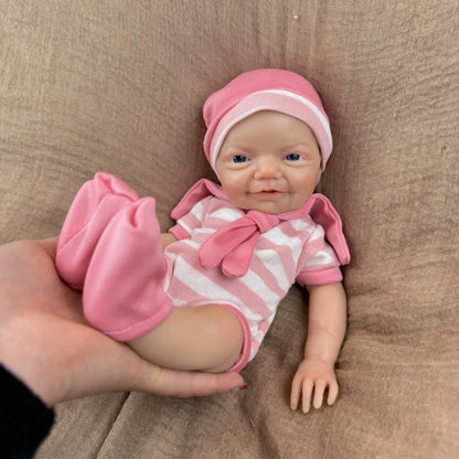 30 cm lebensechtes Lächeln Vollsilikon blaue Augen Charlie Reborn-Mädchen in rosa gestreifter Kleidung