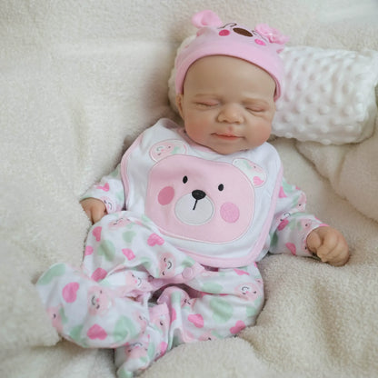 45 cm weiche Vollsilikon-Reborn Babypuppe Pascale im rosa Bären-Outfit